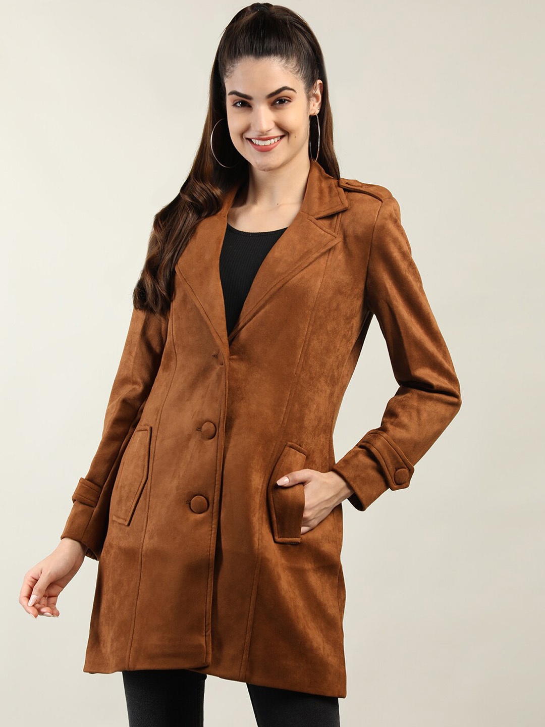 

LEBORK Women Tan Solid Winter Over Coats