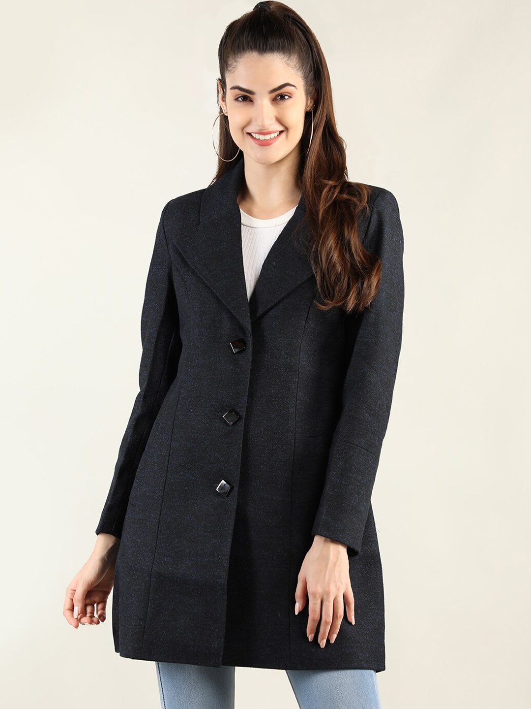 

LEBORK Women Navy Blue Solid Front-Open Winter Overcoat