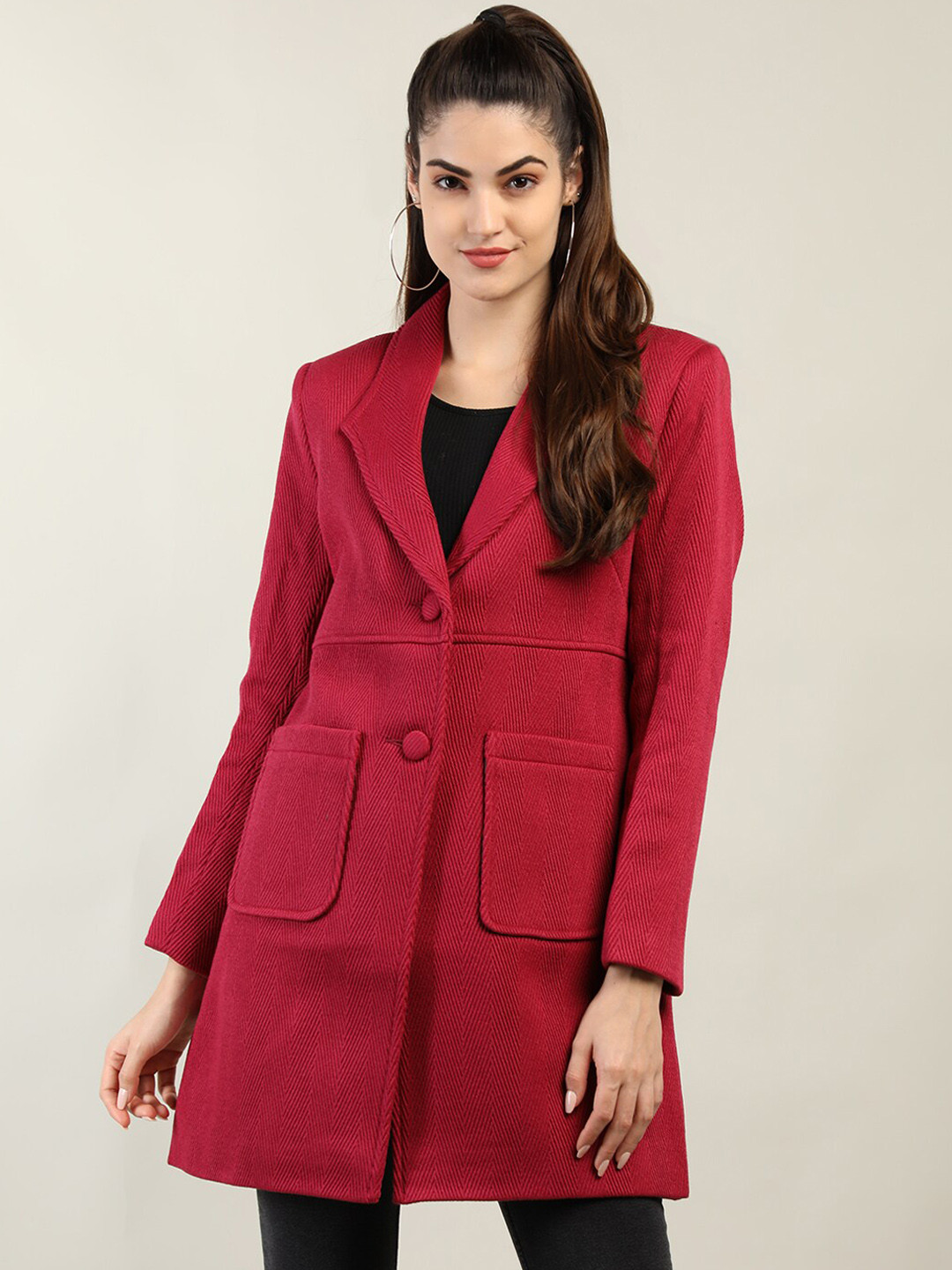 

LEBORK Women Red Solid Woolen Winter Wear Coats