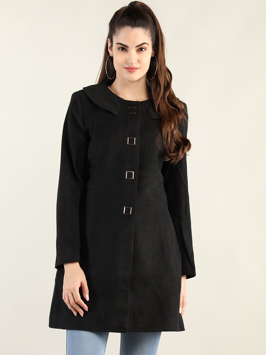 

LEBORK Women Black Solid Trench Coat