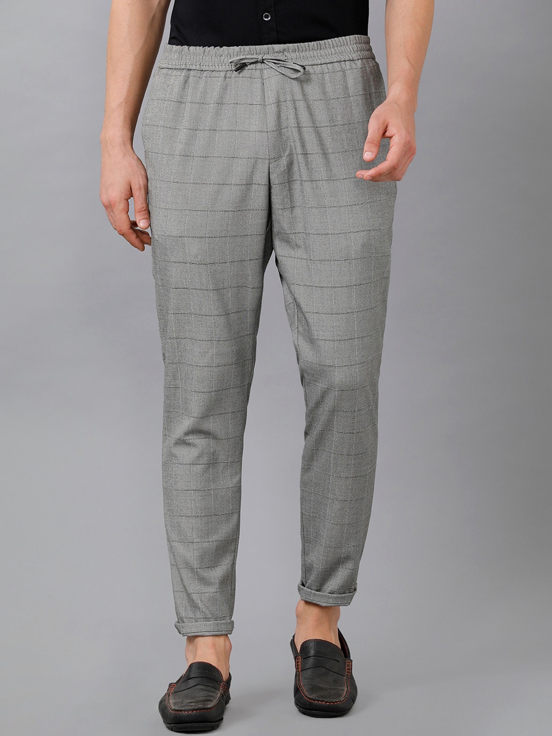 

IDENTITI Men Grey Checked Slim Fit Trousers