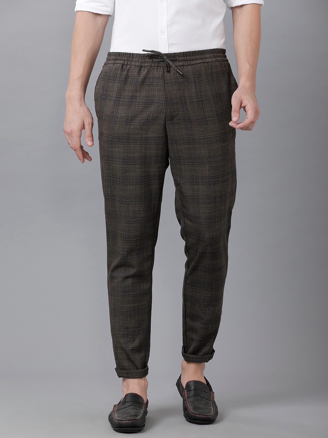 

IDENTITI Men Brown Checked Slim Fit Trousers