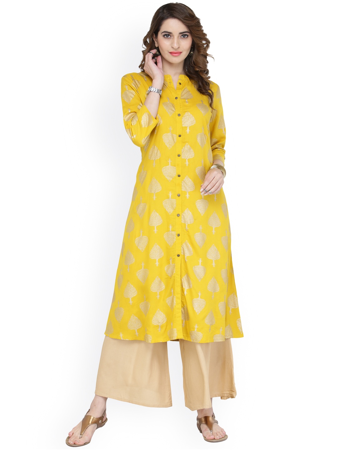 

Varanga Mustard Viscose Gold Print Kurta With Palazzo