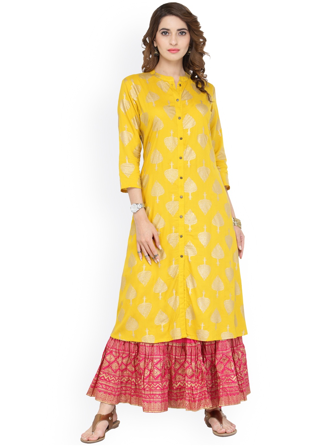 

Varanga Mustard Viscose Gold Print Kurta With Skirt