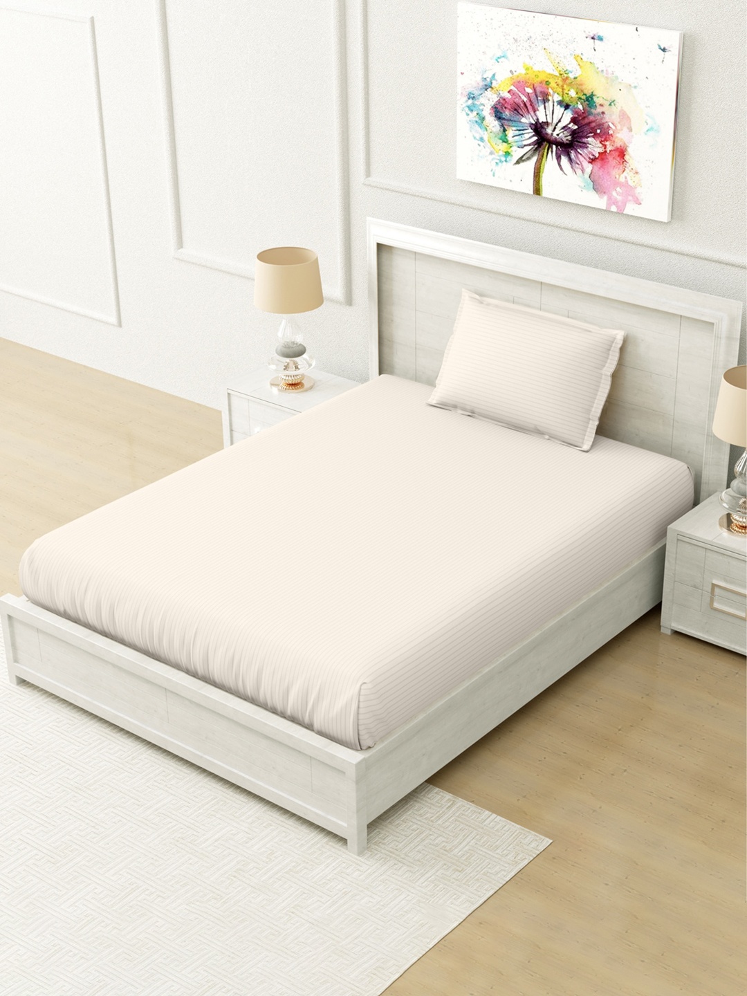 

Home Fresh Cream-Coloured Striped 210 TC Single Bedsheet with 1 Pillow Covers