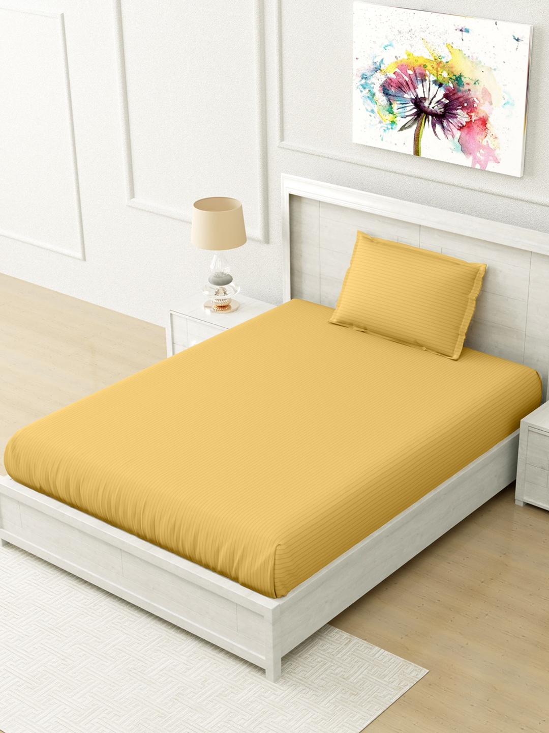 

Home Fresh Gold-Toned Striped 210 TC Single Bedsheet with 1 Pillow Cover