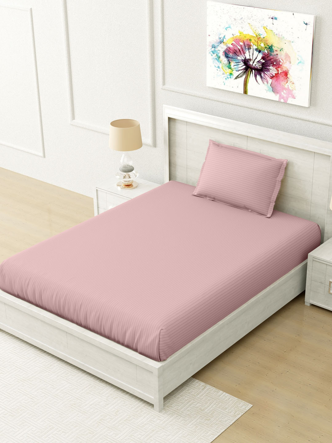 

Home Fresh Pink Striped 210 TC Single Bedsheet with 1 Pillow Cover
