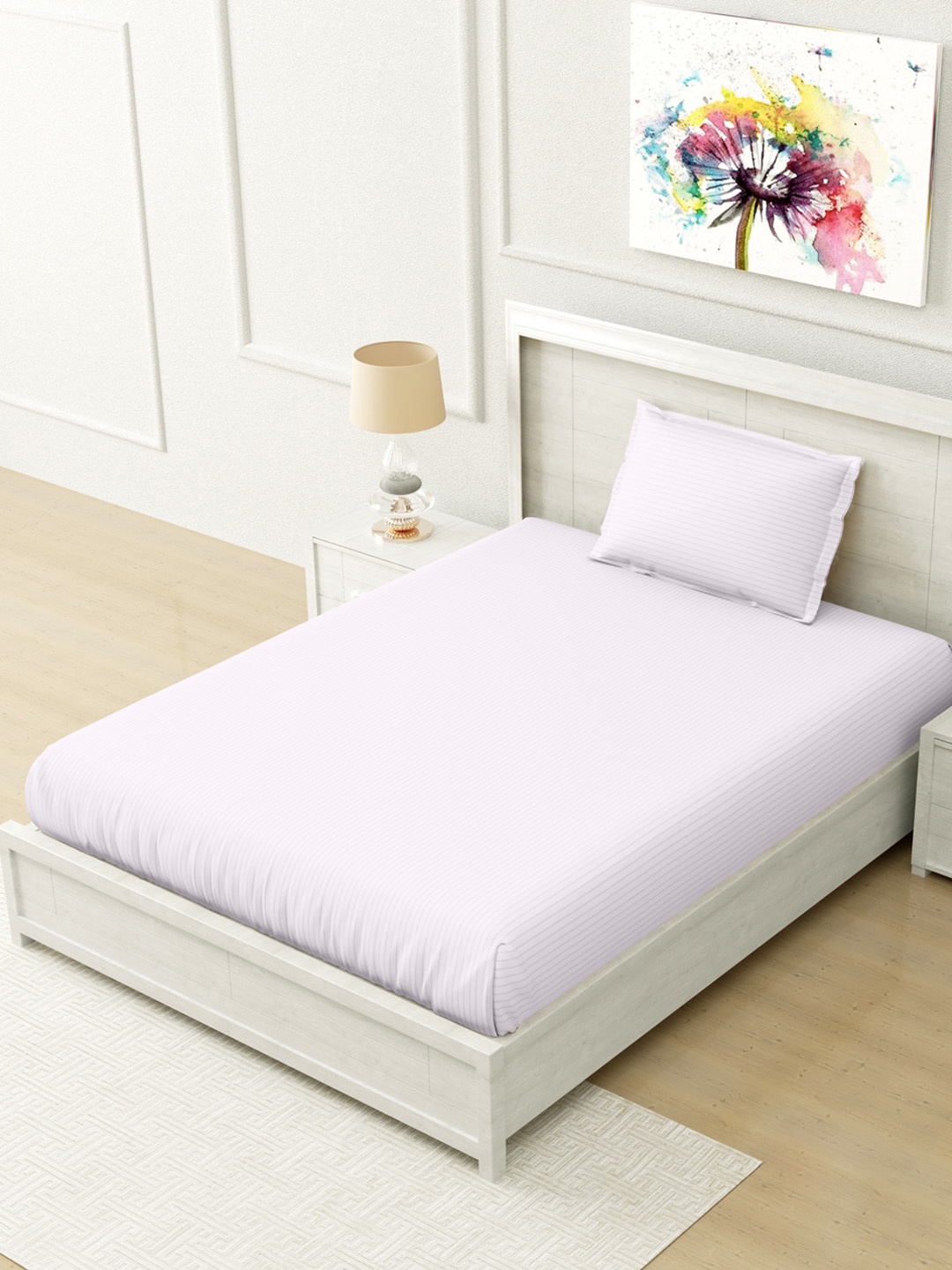 

Home Fresh White Striped 210 TC Single Bedsheet with 1 Pillow Cover