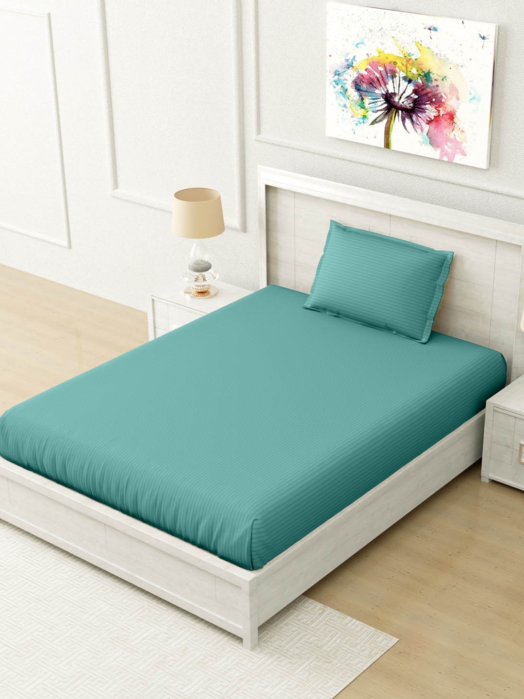 

Home Fresh Teal Green Striped 210 TC Single Bedsheet with 1 Pillow Cover