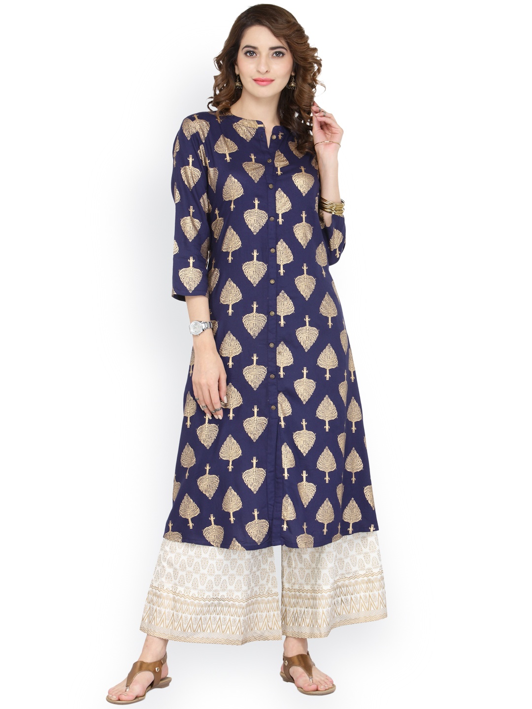 

Varanga Blue Viscose Gold Print Kurta With Palazzo