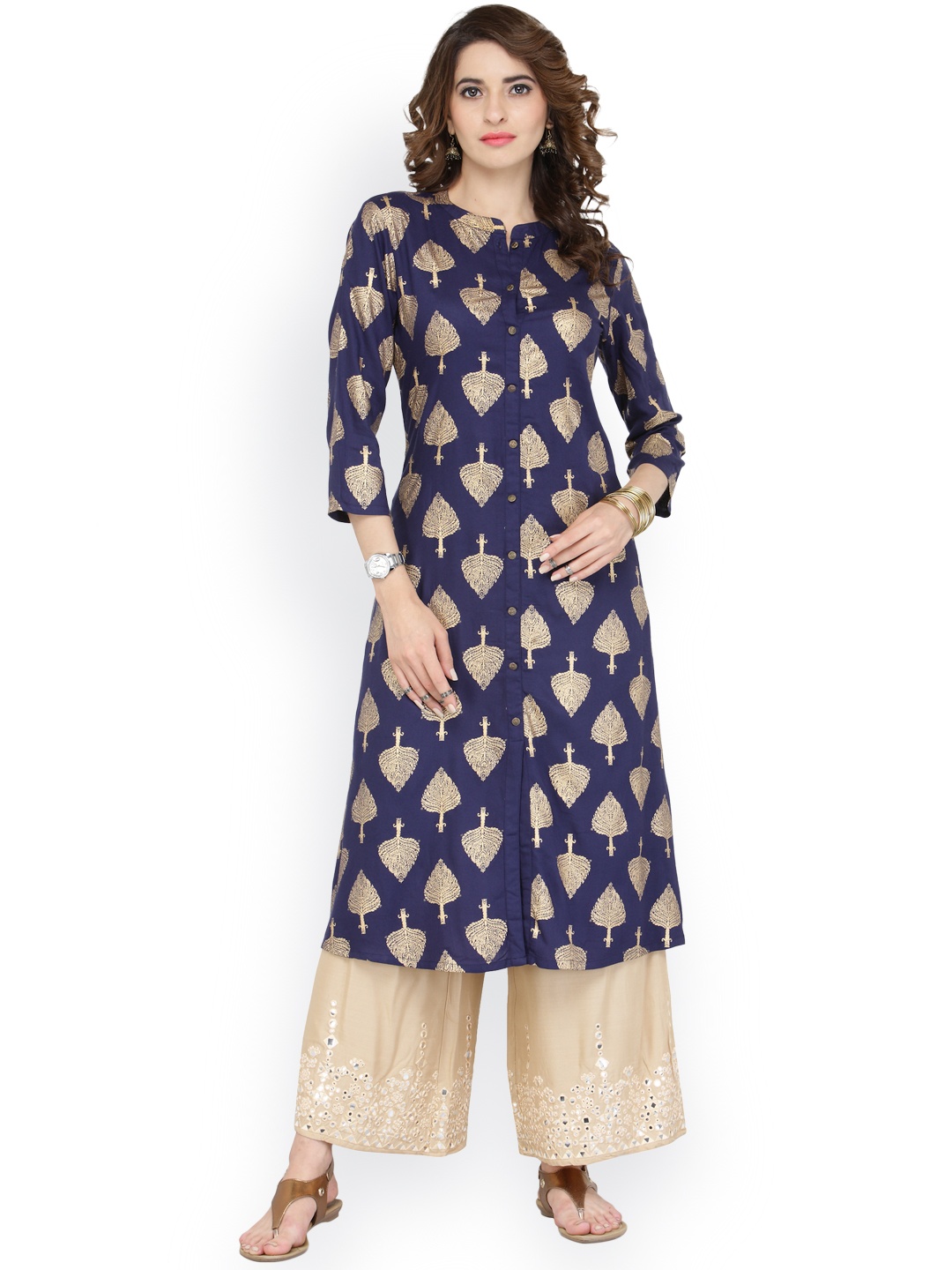 

Varanga Blue Viscose Gold Print Kurta With Palazzo