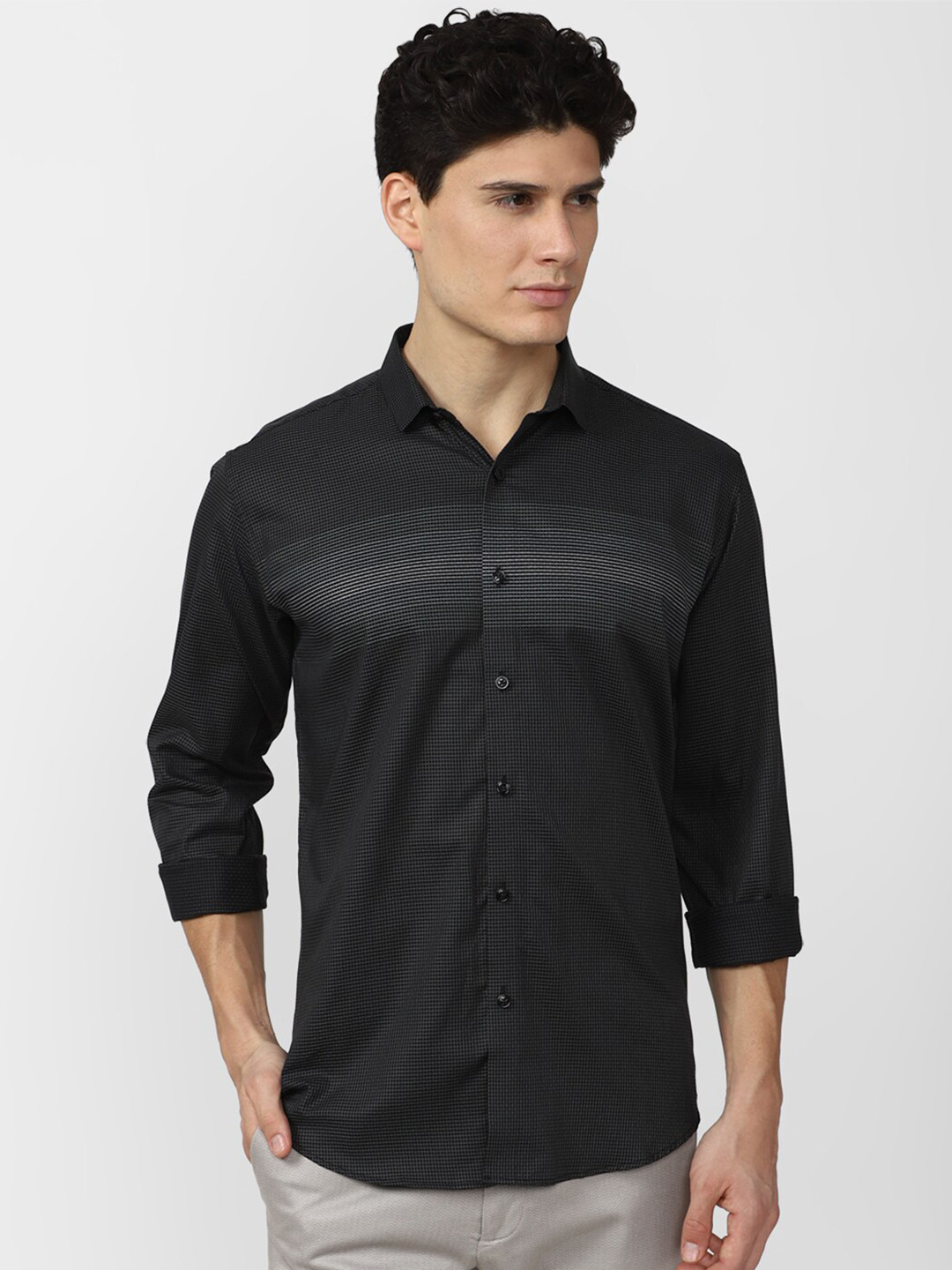 

V Dot Men Slim Fit Horizontal Striped Pure Cotton Casual Shirt, Grey