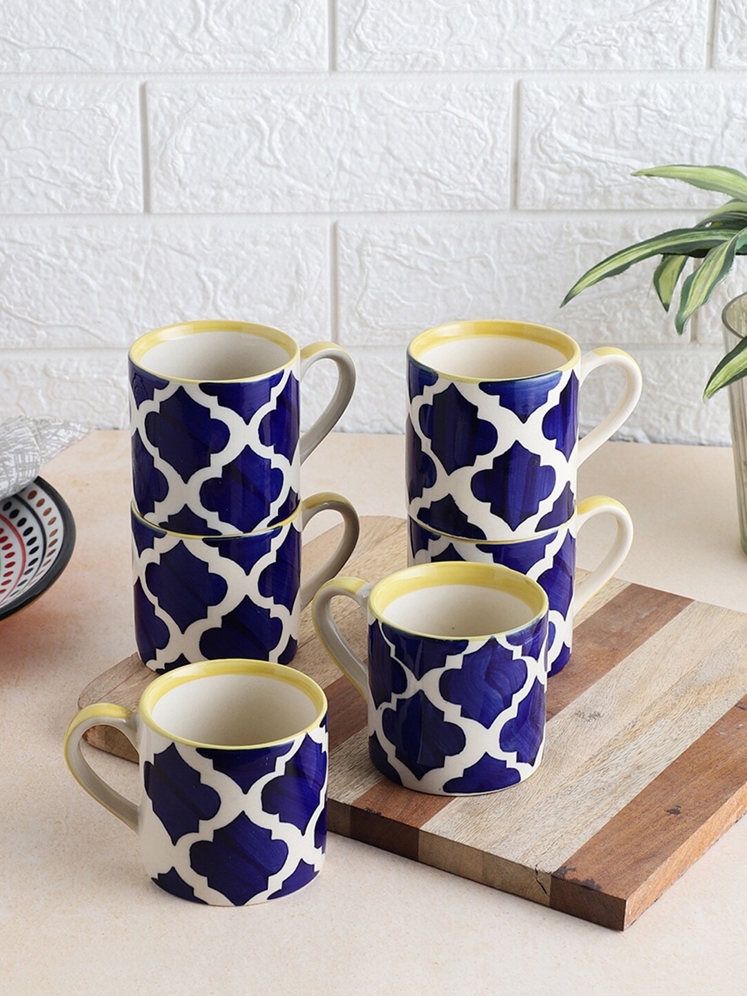 

VarEesha White And Blue Set Of 6 Hand painted Ceramic Glossy Mugs 150 ml Each