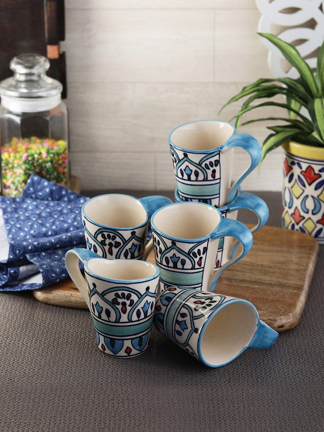 

VarEesha White And Blue Set Of 6 Hand Painted Ceramic Glossy Mugs 150 ml Each