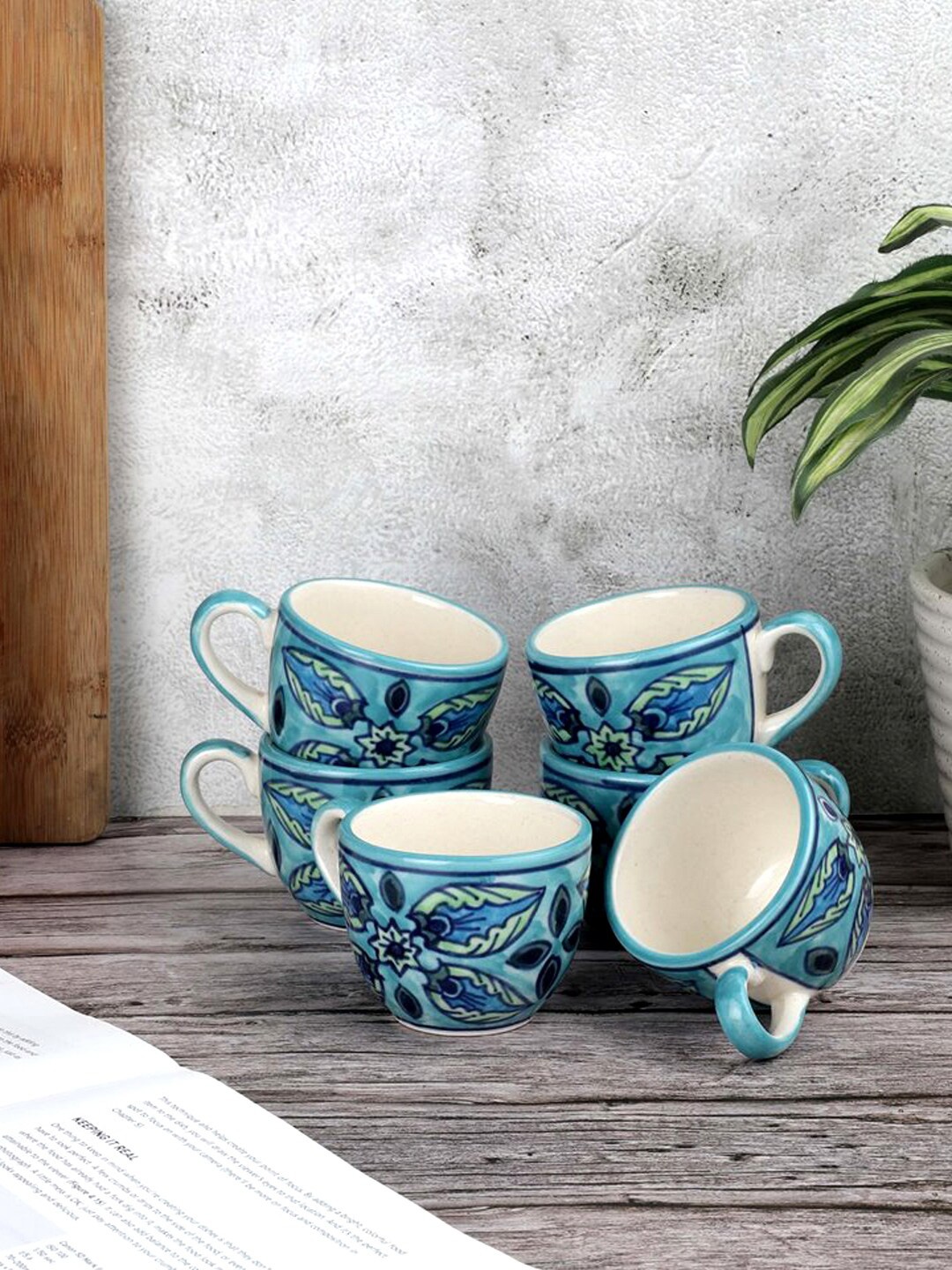 

VarEesha Blue And White Set Of 6 Printed Ceramic Cups 150 ml, Green
