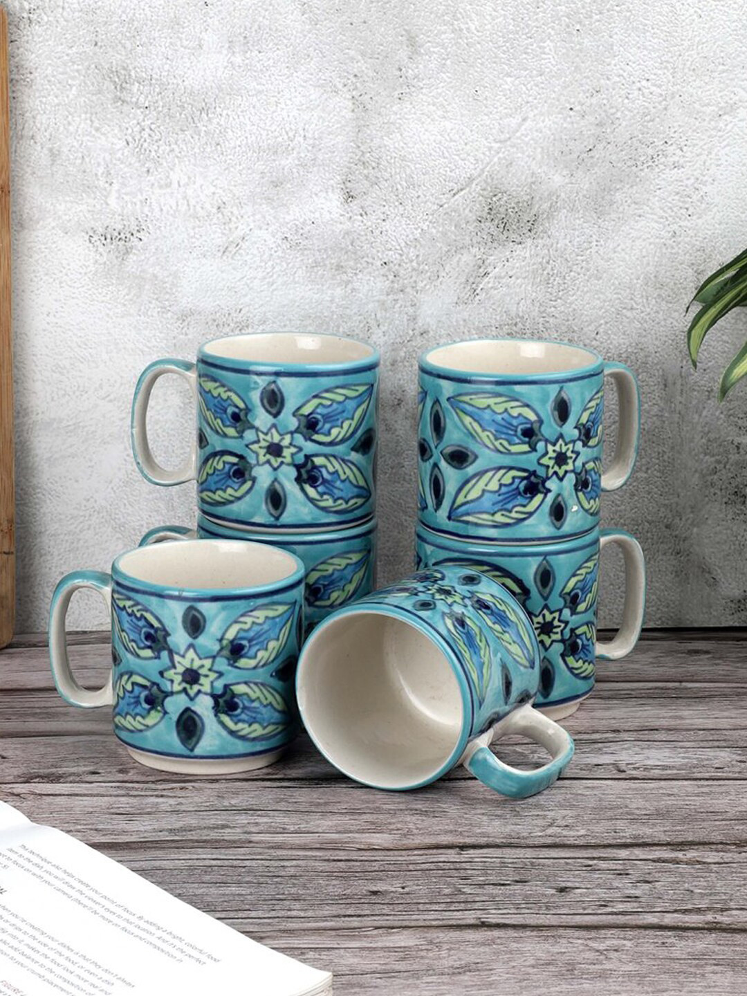 

VarEesha Blue And White Set Of 6 Printed Ceramic Mugs 200 ml Each