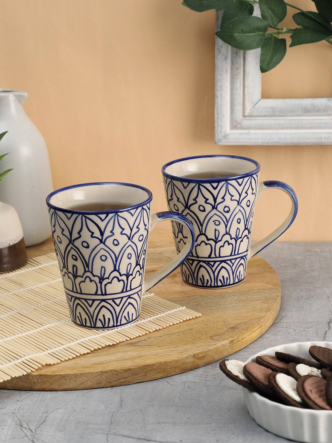 

VarEesha White & Blue Set Of 2 Printed Ceramic Mugs 350 ml Each, Off white