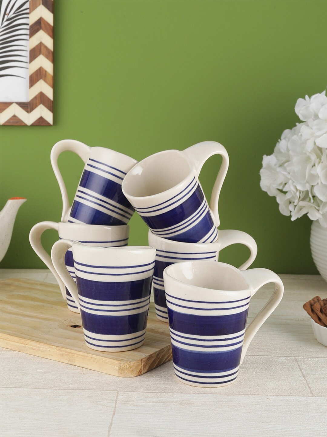 

VarEesha White & Blue Set Of 6 Printed Ceramic Mugs 150 ml Each