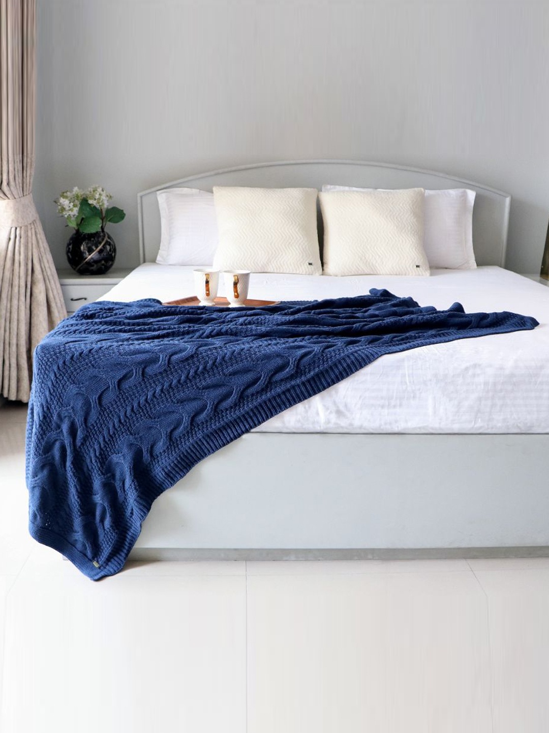 

Pluchi Navy Blue Self Design Knitted Combed Cotton Throw