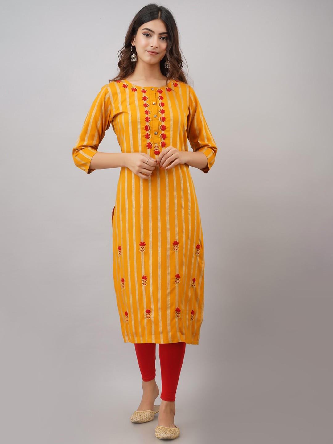 

KALINI Women Mustard Yellow & Red Embroidered Straight Kurta