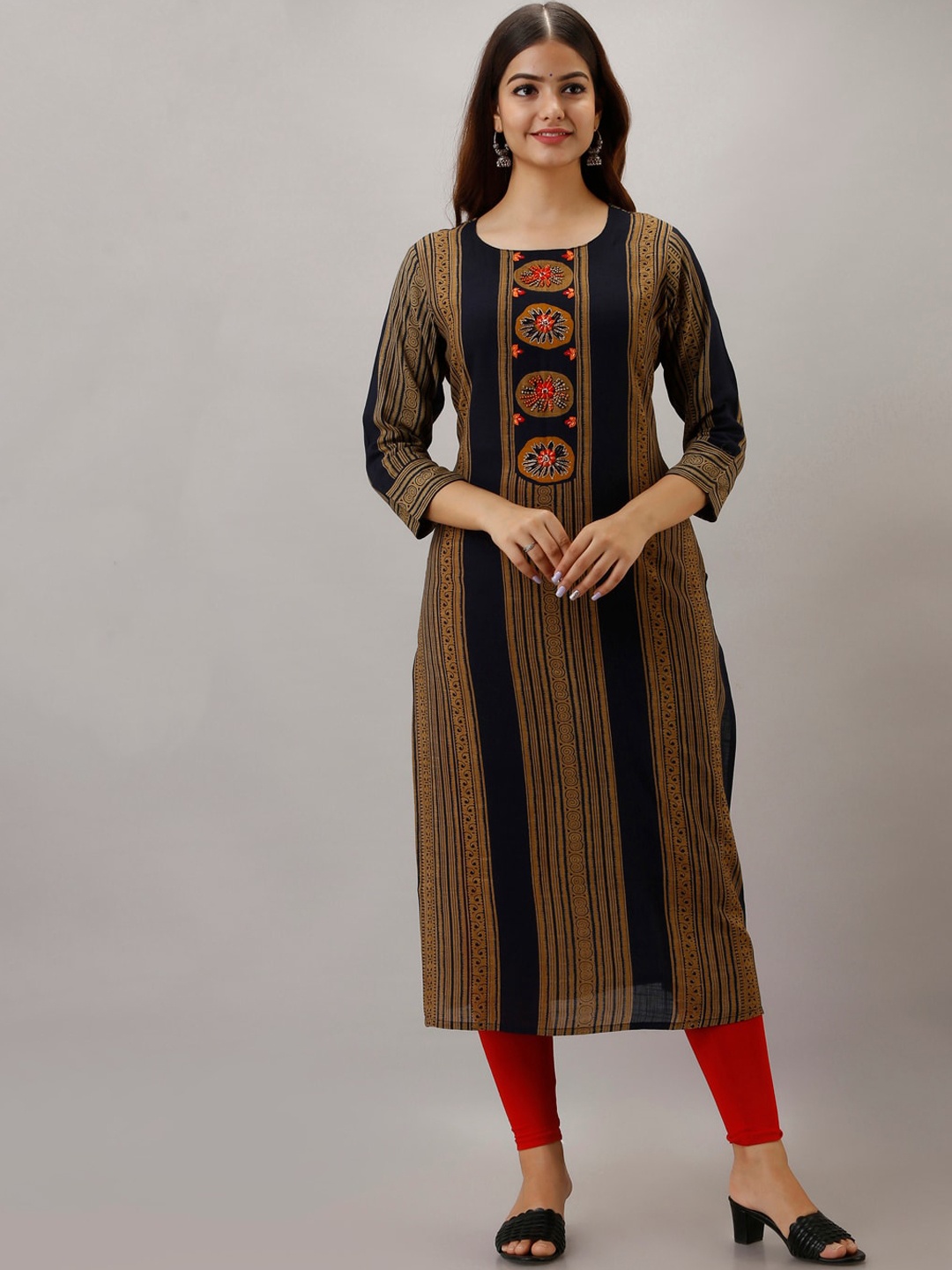 

KALINI Women Navy Blue & Mustard Yellow Printed Kurta