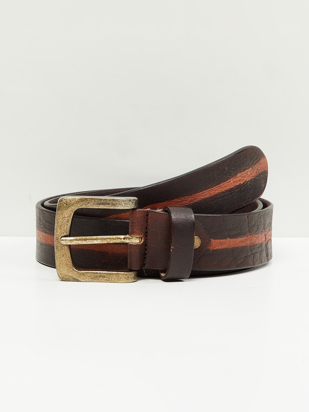 

max Men Brown Striped Leather Belt