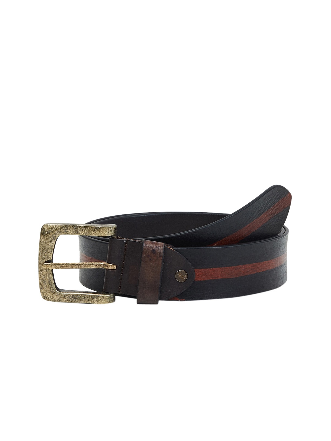 

max Men Brown Striped Leather Formal Belt