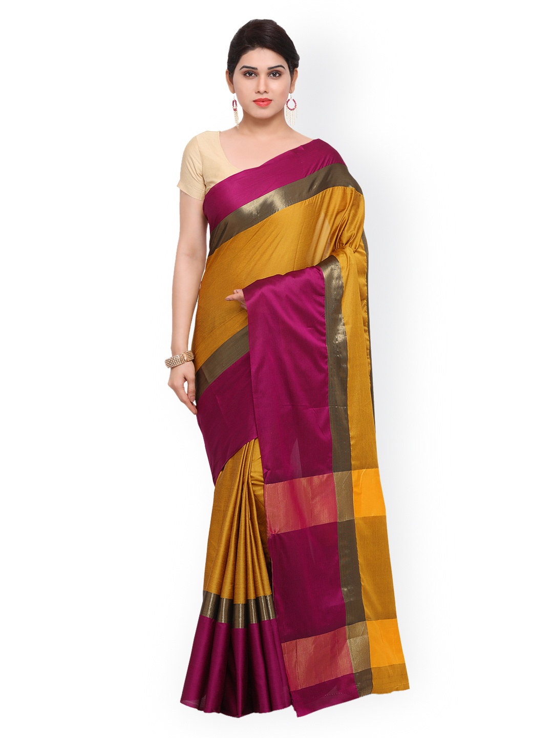 

Saree mall Mustard Yellow & Pink Art Silk Solid Saree