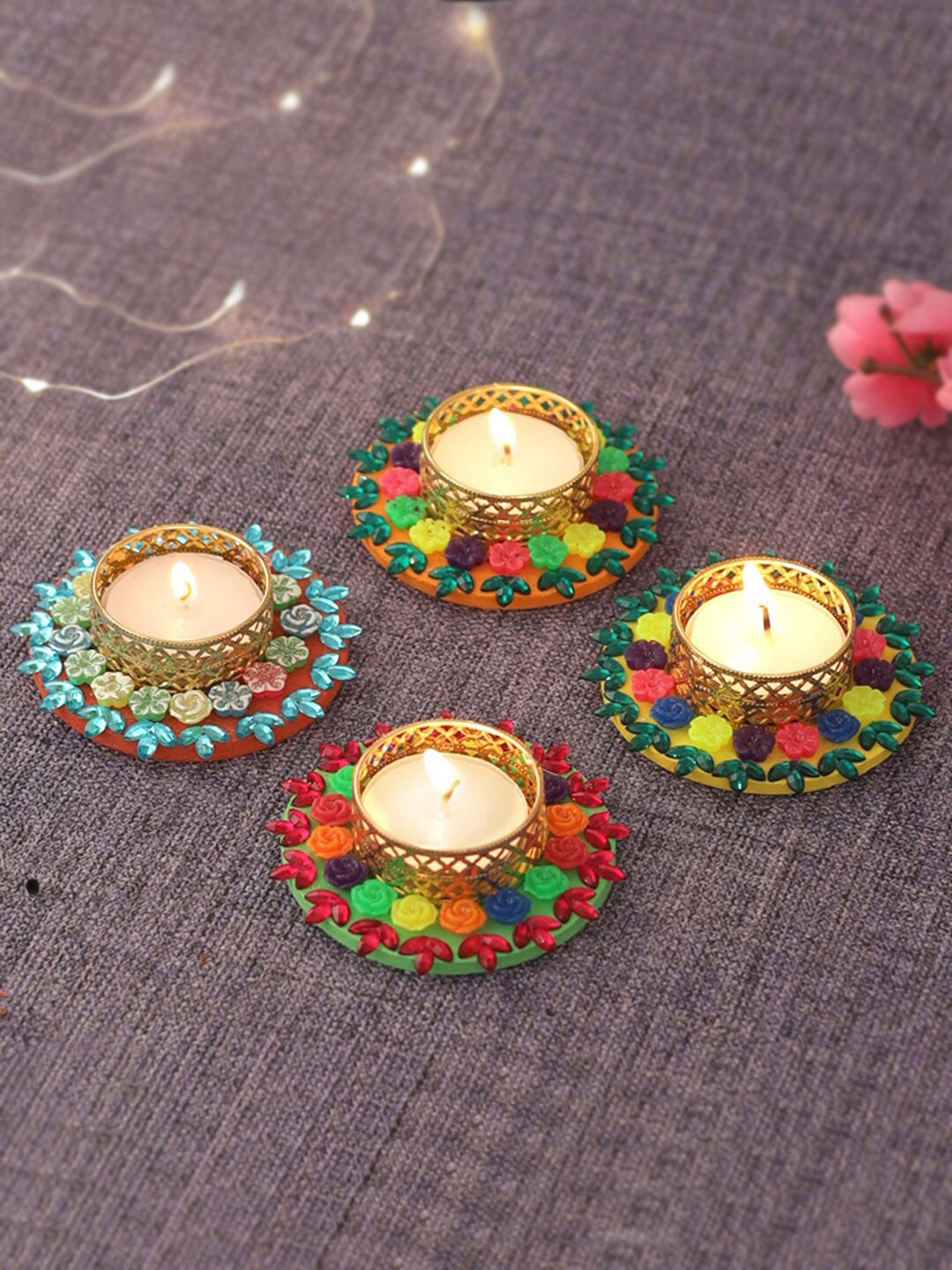 

TIED RIBBONS Set Of 4 Gold-Toned & Green Printed Metal Candle Holders