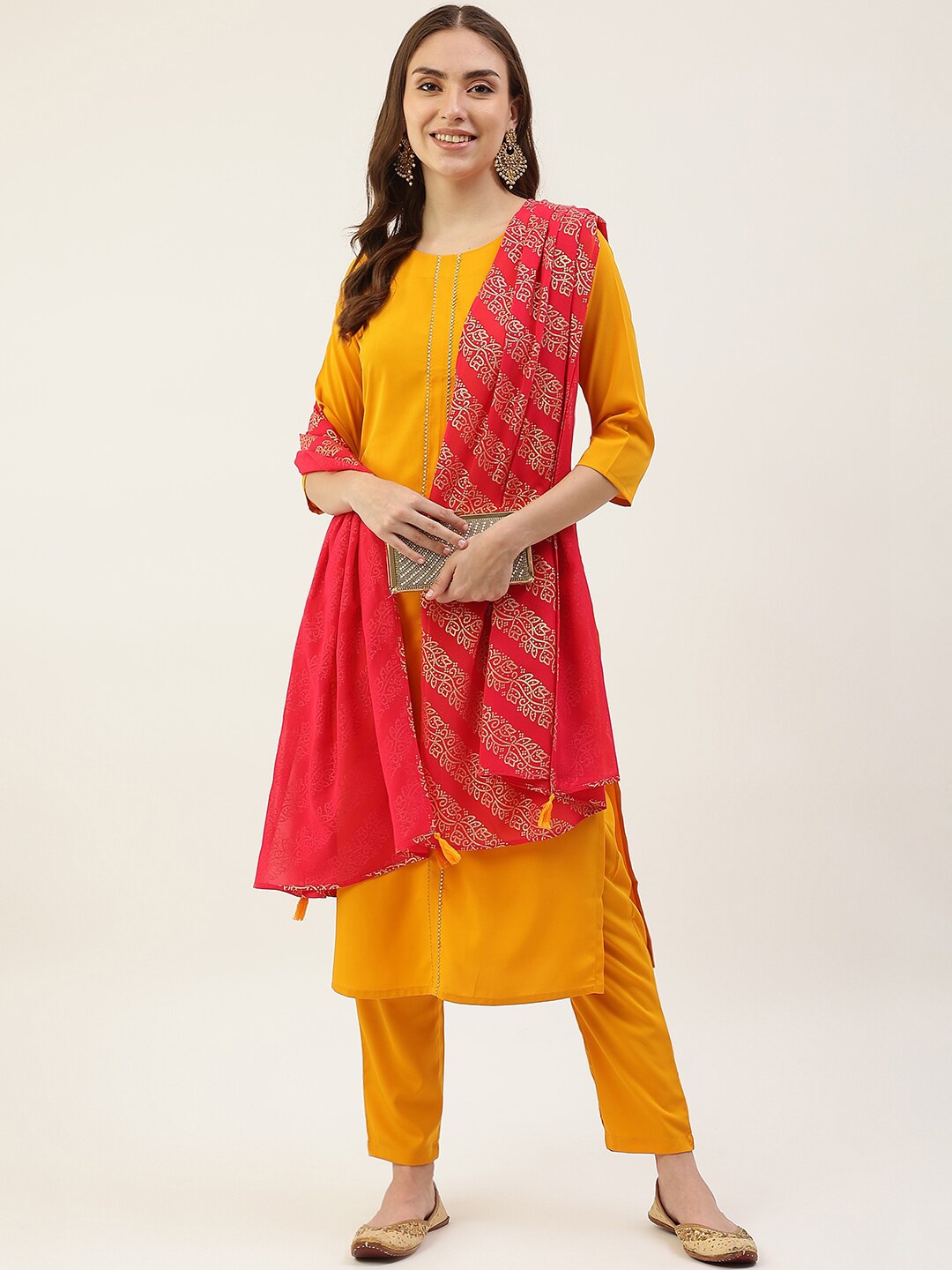 

FIORRA Women Solid Poly Crepe Straight Kurta with Trousers & With Dupatta, Yellow