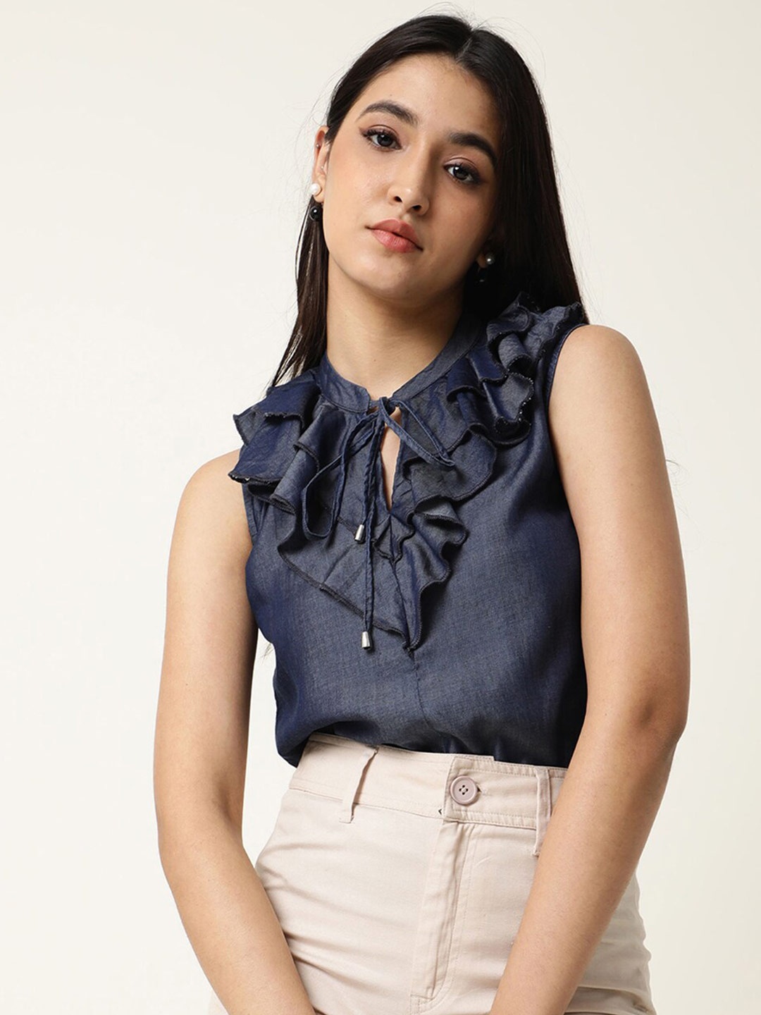 

RAREISM Women Navy Blue Tie-Up Neck Top