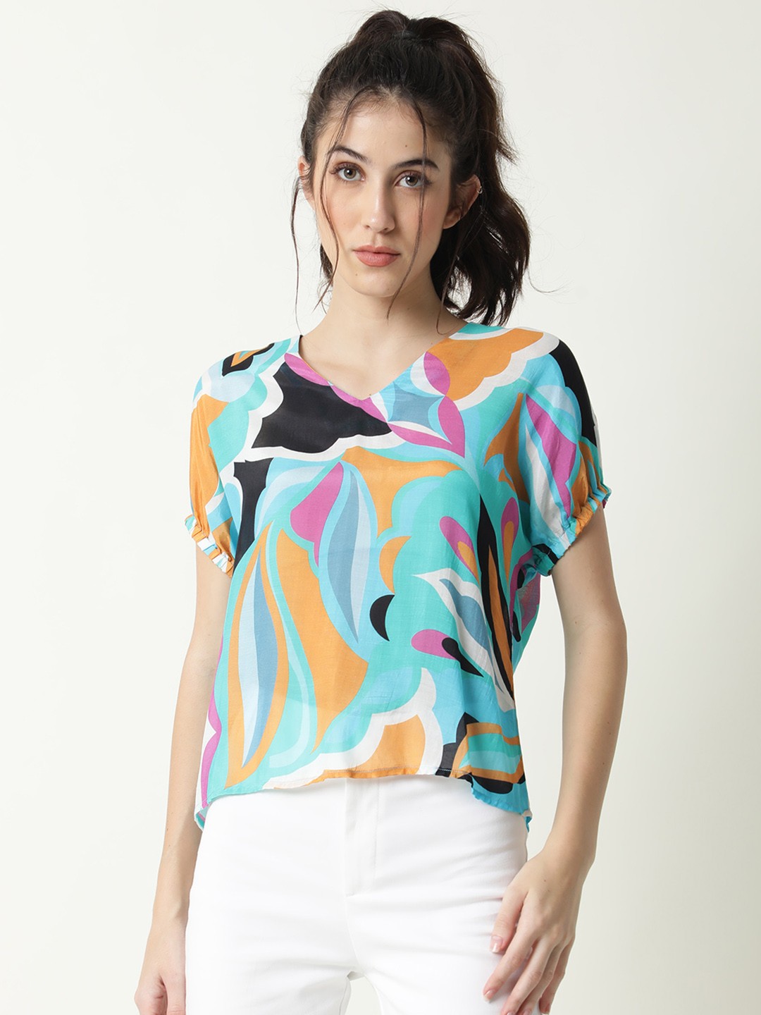 

RAREISM Woman Turquoise Blue & Mustard Yellow Print Top