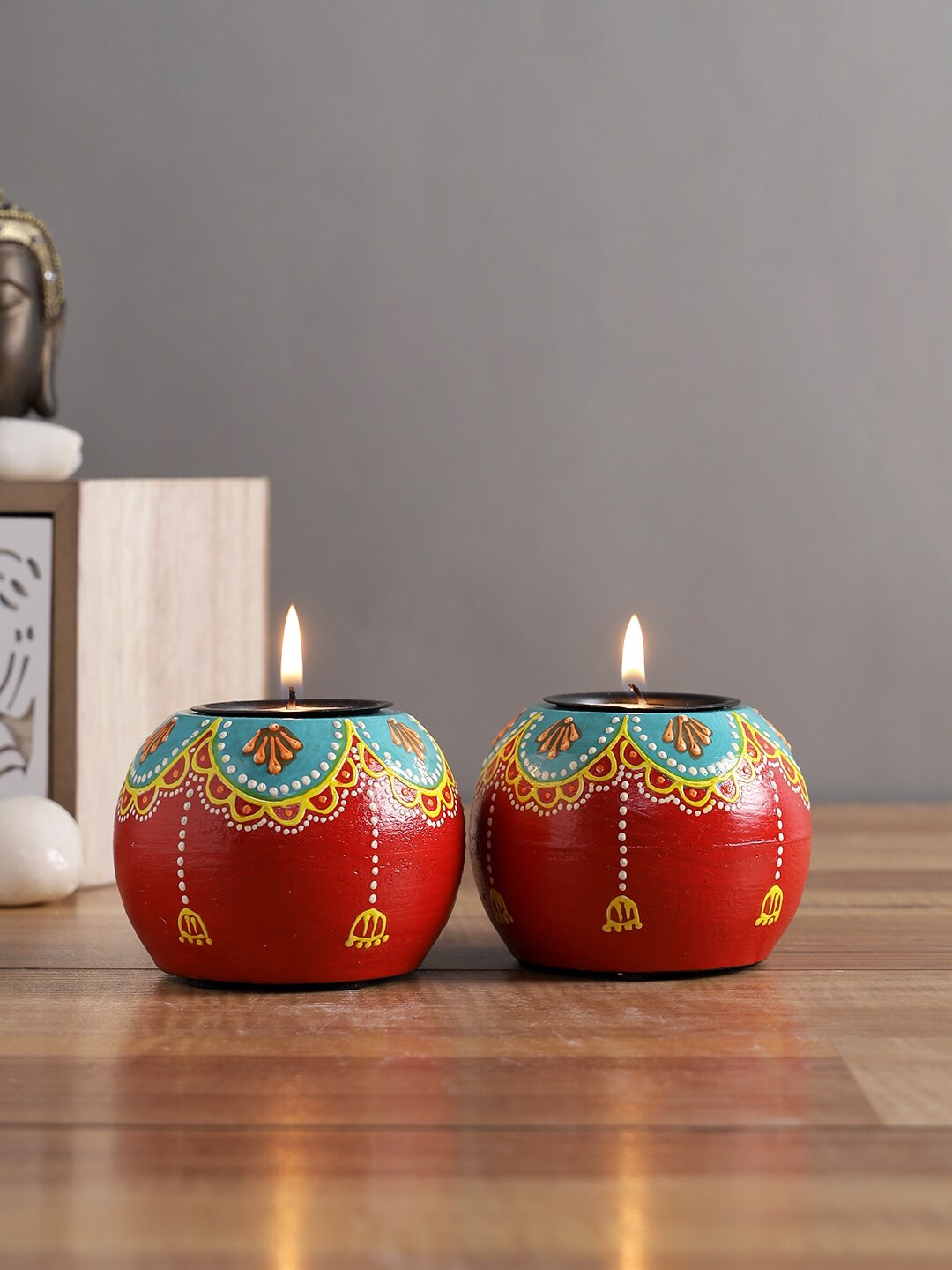 

Aapno Rajasthan Set Of 2 Printed Candle Holders, Red