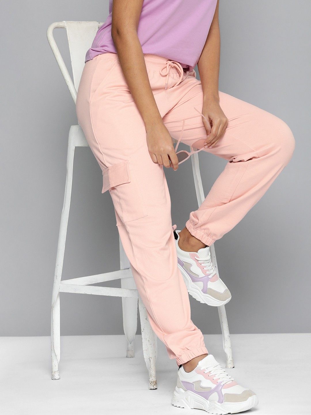

HERE&NOW Women Peach-Coloured Solid Regular Fit Knitted Pure Cotton Joggers
