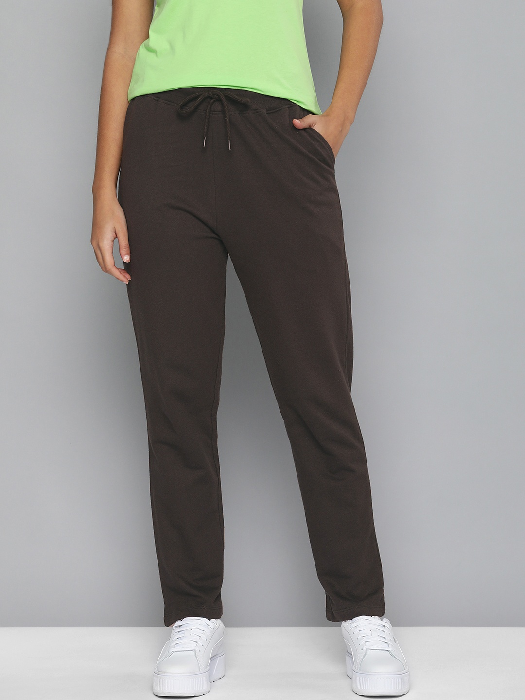

HERE&NOW Women Charcoal Black Solid Regular Fit Knitted Pure Cotton Track Pants