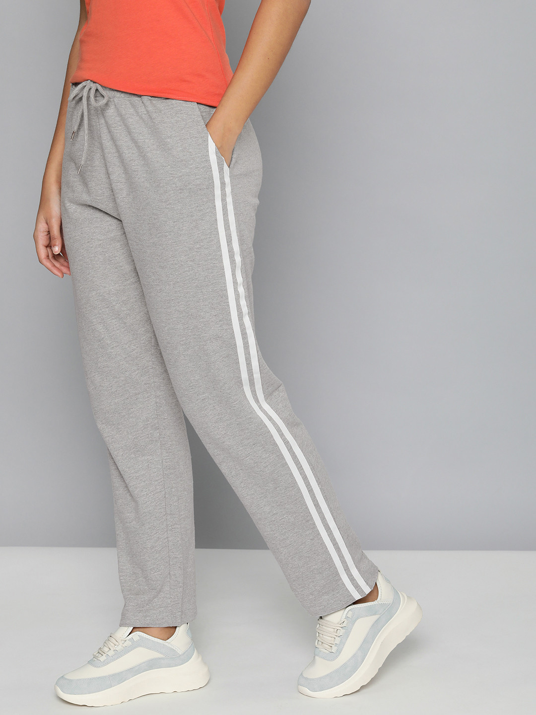 

HERE&NOW Women Grey Side Striped Regular Fit Knitted Track Pants