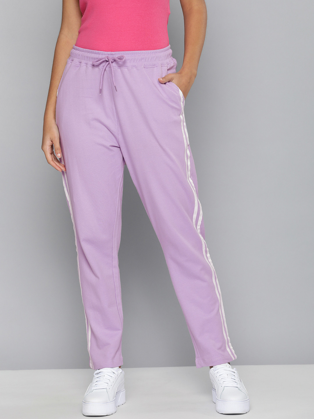 

HERE&NOW Women Purple Side Striped Regular Fit Knitted Pure Cotton Track Pants