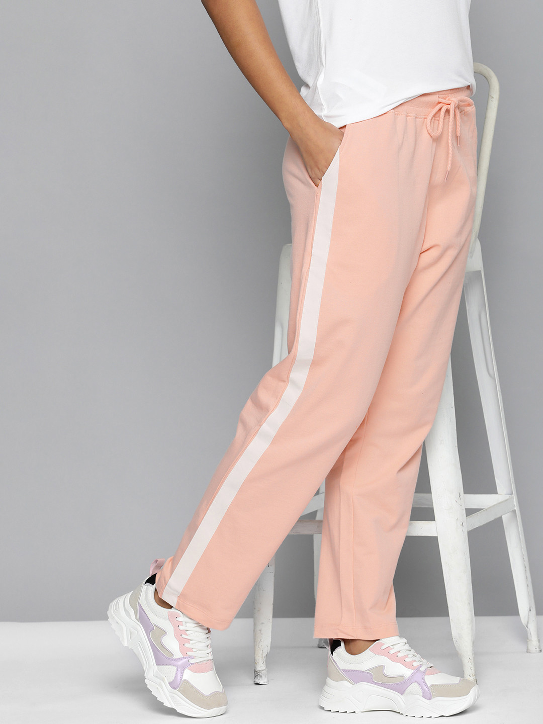 

HERE&NOW Women Peach-Coloured Side Striped Regular Fit Knitted Pure Cotton Track Pants
