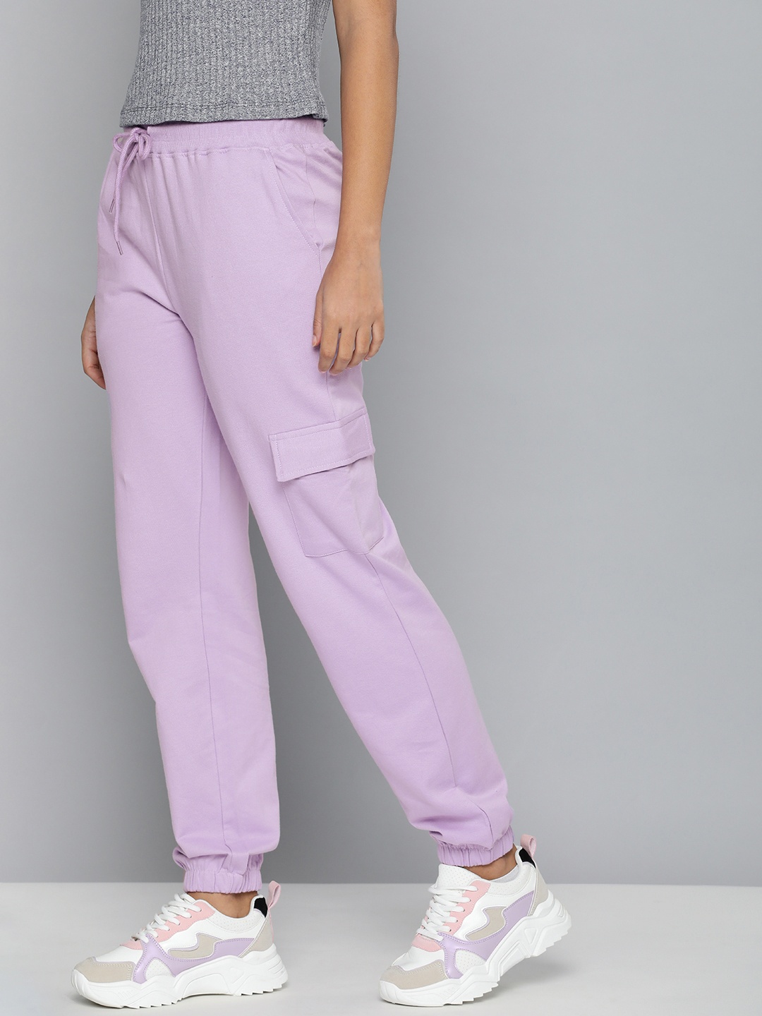 

HERE&NOW Women Lavender Solid Regular Fit Knitted Pure Cotton Joggers