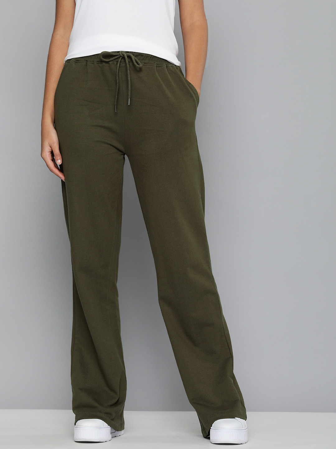 

HERE&NOW Women Olive Green Solid Regular Fit Knitted Pure Cotton Joggers