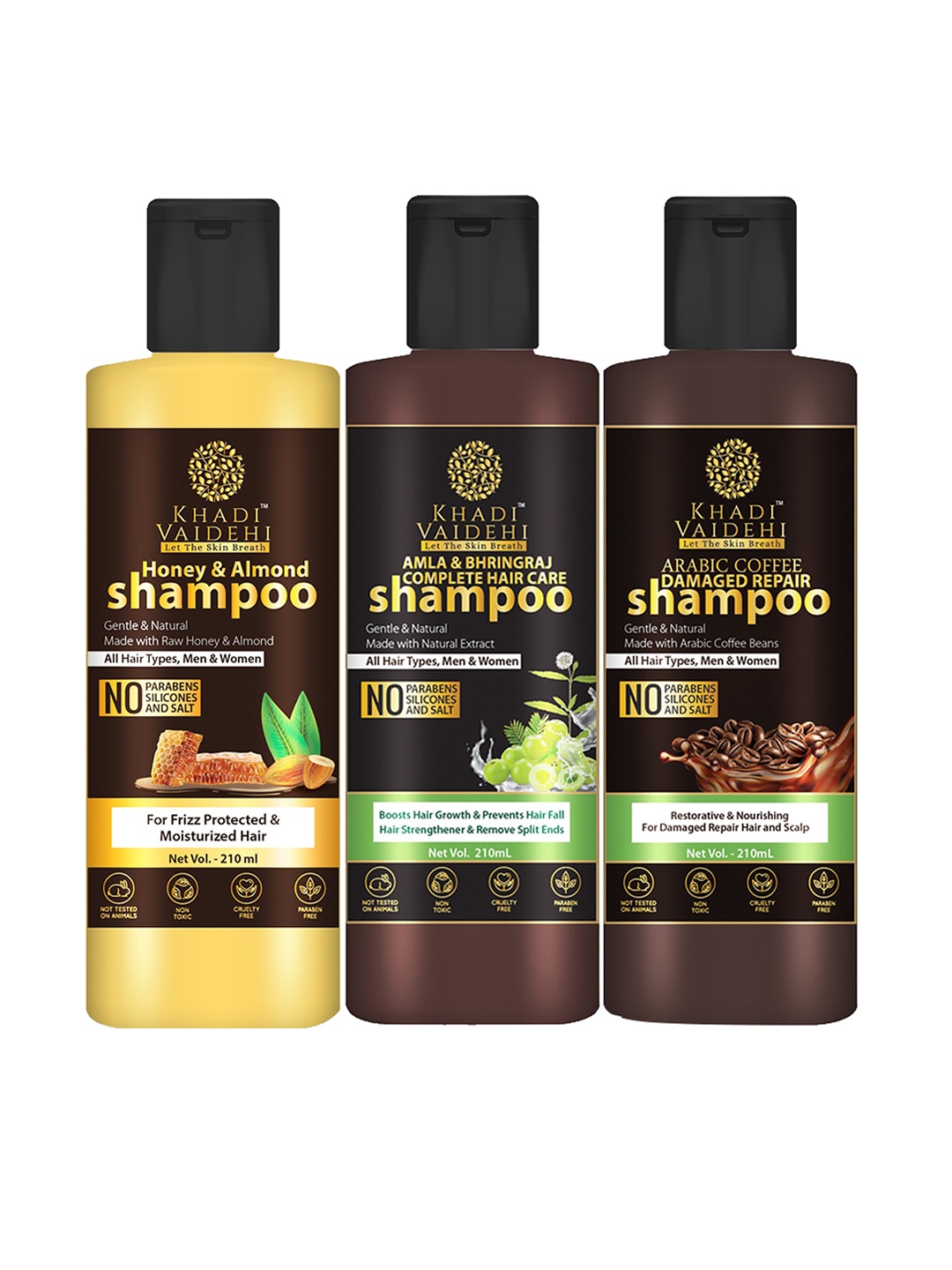 

Khadi Vaidehi Honey & Almond+Amla Bhringraj+Arabic Coffee Shampoo - 210 ml Each, Brown
