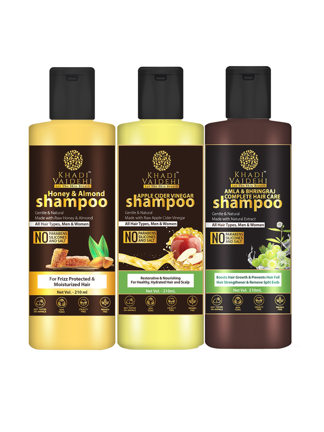 

Khadi Vaidehi Honey & Almond+Apple Cider Vinegar+Amla Bhringraj Shampoo-210ml Each, Yellow