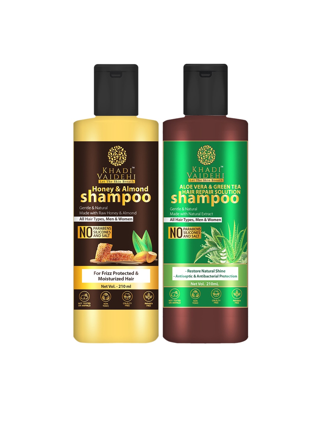 

Khadi Vaidehi Set of Honey & Almond + Aloe Vera & Green Tea Shampoo - 210 ml Each, Yellow