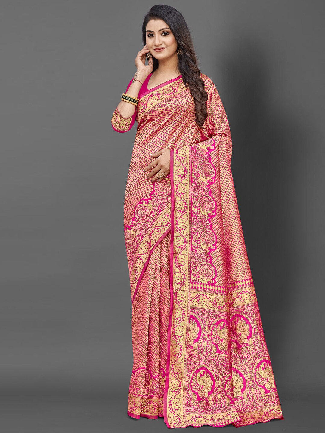 

KALINI Pink & Gold-Toned Woven Design Zari Silk Blend Banarasi Saree