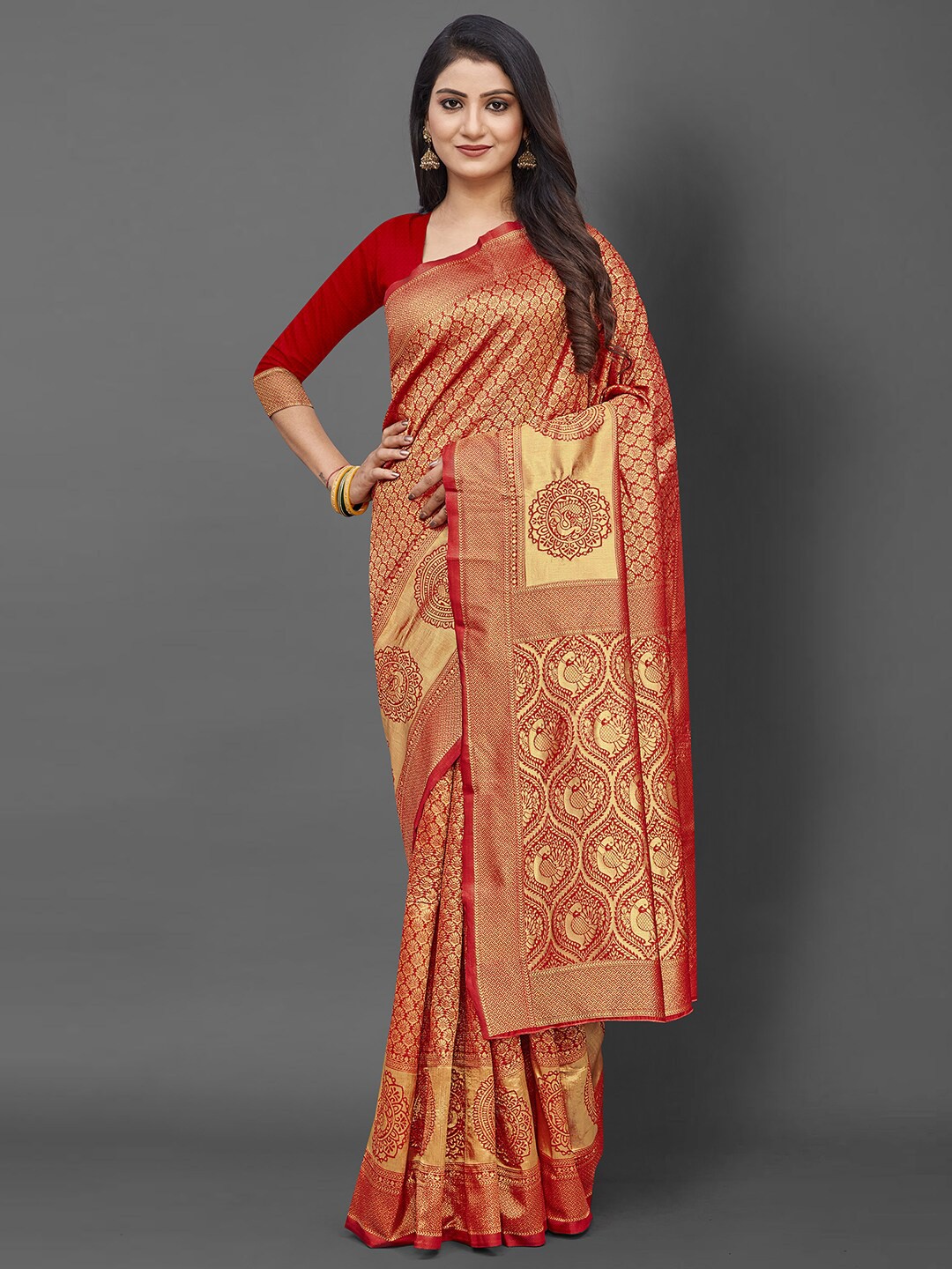 

KALINI Red & Gold-Toned Ethnic Motifs Zari Silk Blend Banarasi Saree