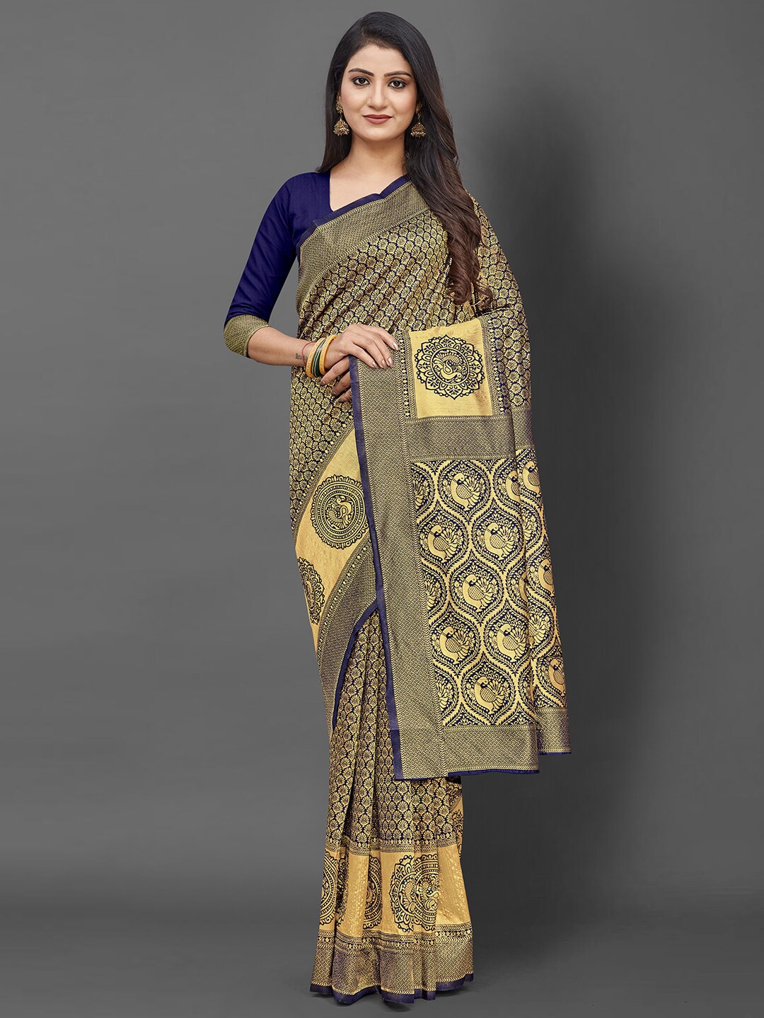 

KALINI Navy Blue & Gold-Toned Ethnic Motifs Zari Silk Blend Banarasi Saree