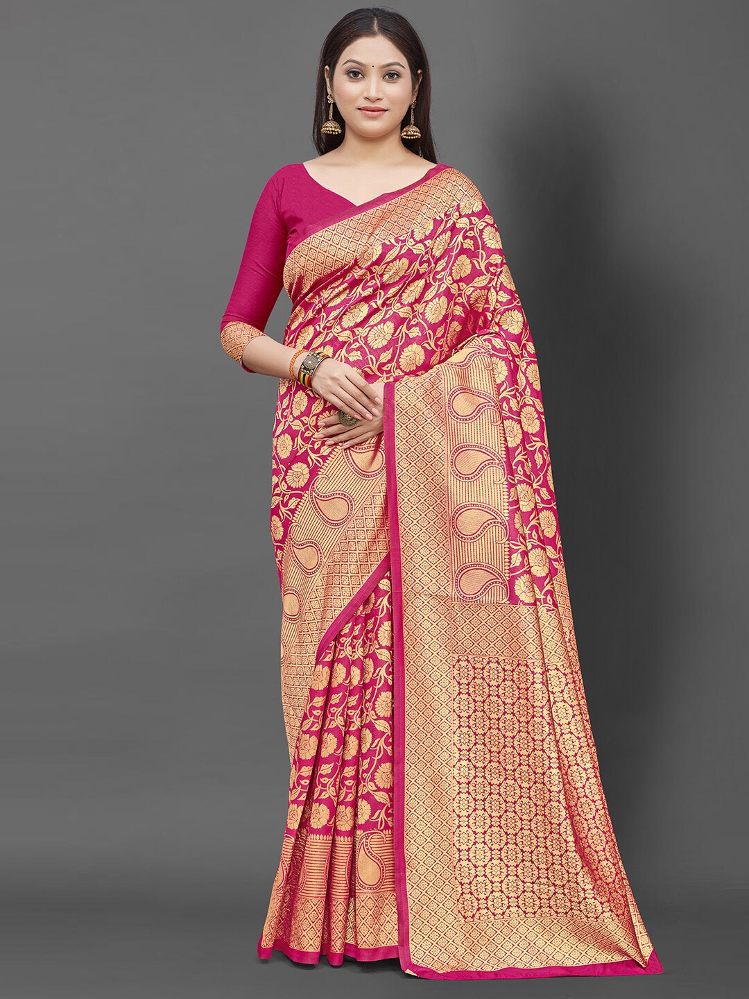 

KALINI Pink & Gold-Toned Floral Zari Silk Blend Banarasi Saree