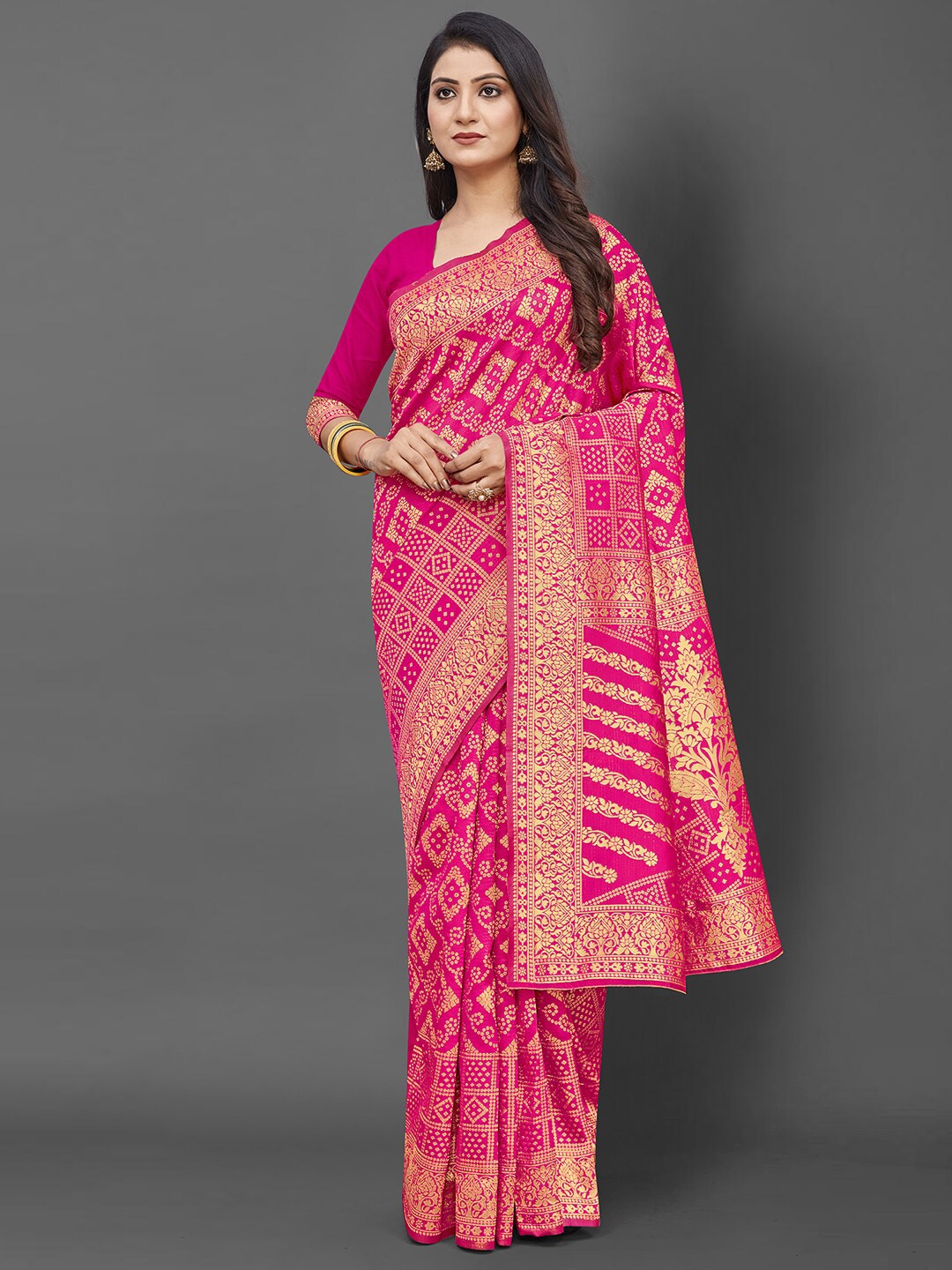 

KALINI Pink & Gold-Toned Woven Design Silk Blend Banarasi Saree