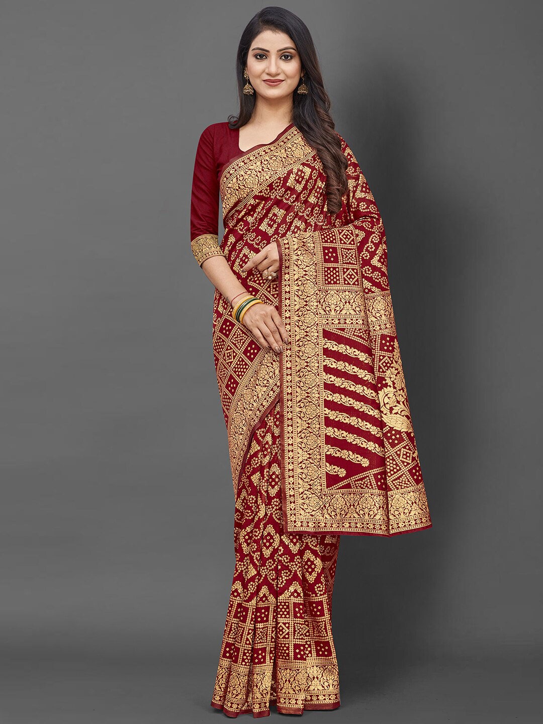 

KALINI Maroon & Gold-Toned Ethnic Motifs Zari Silk Blend Banarasi Saree