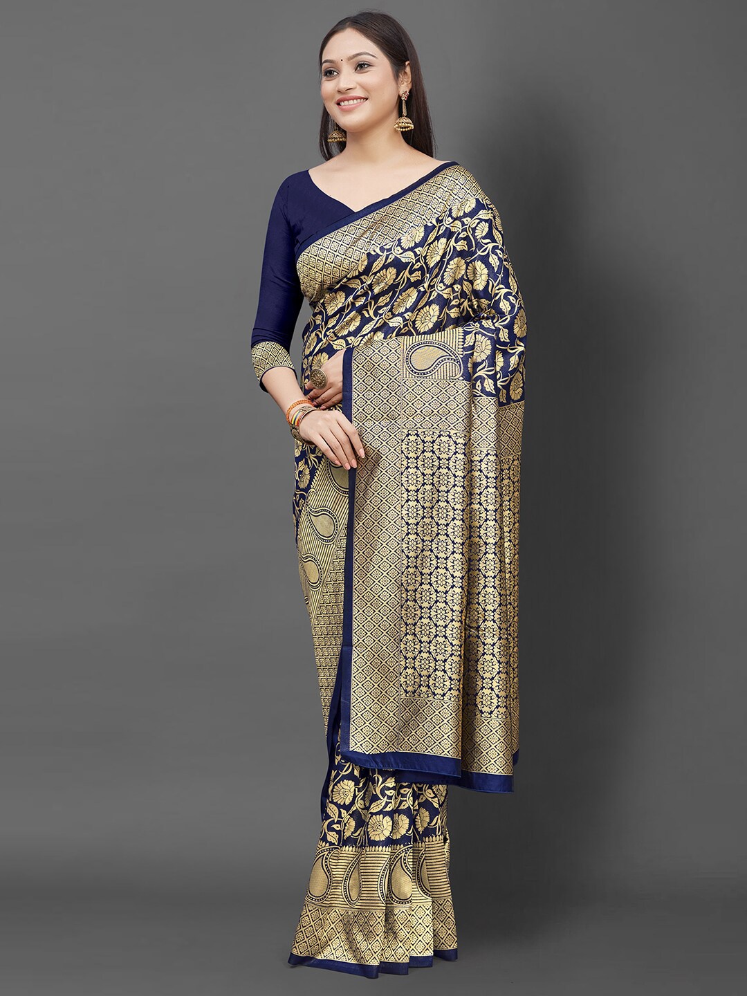 

KALINI Navy Blue & Gold-Toned Floral Zari Silk Blend Banarasi Saree